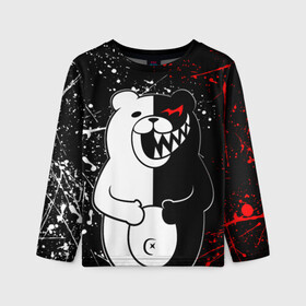 Детский лонгслив 3D с принтом monokuma хохочет в городе Новоалтайск, 100% полиэстер | длинные рукава, круглый вырез горловины, полуприлегающий силуэт
 | anime | bear | black  white | danganronpa | kurokuma | monodam | monokuma | monomi | monotaro | rabbit | school | shirokuma | аниме | главарь | мoноми | монокума | черно белый | школа
