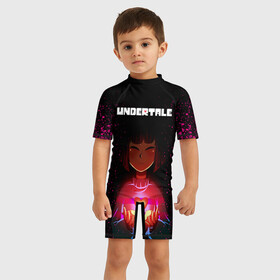 Детский купальный костюм 3D с принтом UNDERTALE FRISK в городе Новоалтайск, Полиэстер 85%, Спандекс 15% | застежка на молнии на спине | Тематика изображения на принте: asriel dreemurr | chara | frisk | gaster blaster | sans | undertale | азриэль дримурр | андертейл | андрайн | гастер | меттатон | санс | фриск | чара
