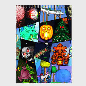 Скетчбук с принтом Terraria allpic в городе Новоалтайск, 100% бумага
 | 48 листов, плотность листов — 100 г/м2, плотность картонной обложки — 250 г/м2. Листы скреплены сверху удобной пружинной спиралью | game | pixel | terraria | игра | пиксель | террариа