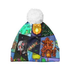 Шапка 3D c помпоном с принтом Terraria allpic в городе Новоалтайск, 100% полиэстер | универсальный размер, печать по всей поверхности изделия | game | pixel | terraria | игра | пиксель | террариа