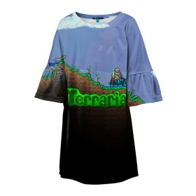 Детское платье 3D с принтом terraria game в городе Новоалтайск, 100% полиэстер | прямой силуэт, чуть расширенный к низу. Круглая горловина, на рукавах — воланы | Тематика изображения на принте: game | pixel | terraria | игра | пиксель | террариа