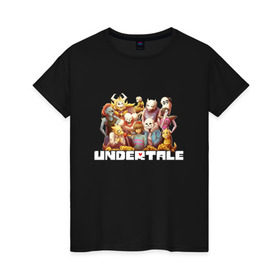 Женская футболка хлопок с принтом UNDERTALE в городе Новоалтайск, 100% хлопок | прямой крой, круглый вырез горловины, длина до линии бедер, слегка спущенное плечо | asriel dreemurr | chara | frisk | gaster blaster | sans | undertale | азриэль дримурр | андертейл | андрайн | гастер | меттатон | санс | фриск | чара