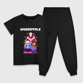 Детская пижама хлопок с принтом UNDERTALE в городе Новоалтайск, 100% хлопок |  брюки и футболка прямого кроя, без карманов, на брюках мягкая резинка на поясе и по низу штанин
 | Тематика изображения на принте: asriel dreemurr | chara | frisk | gaster blaster | sans | undertale | азриэль дримурр | андертейл | андрайн | гастер | меттатон | санс | фриск | чара