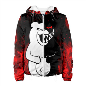 Женская куртка 3D с принтом MONOKUMA в городе Новоалтайск, ткань верха — 100% полиэстер, подклад — флис | прямой крой, подол и капюшон оформлены резинкой с фиксаторами, два кармана без застежек по бокам, один большой потайной карман на груди. Карман на груди застегивается на липучку | anime | bear | black  white | danganronpa | kurokuma | monodam | monokuma | monomi | monotaro | rabbit | school | shirokuma | аниме | главарь | мoноми | монокума | черно белый | школа