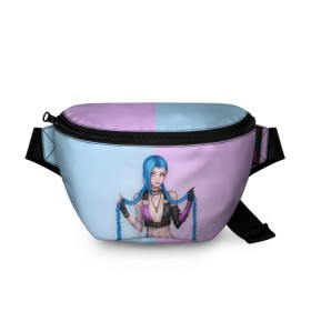 Поясная сумка 3D с принтом League of Legends Jinx в городе Новоалтайск, 100% полиэстер | плотная ткань, ремень с регулируемой длиной, внутри несколько карманов для мелочей, основное отделение и карман с обратной стороны сумки застегиваются на молнию | art | braids | cartridges | character | game | girl | jinx | league of legends | lol | pigtails | tattoo | арт | девушка | джинкс | игра | косички | косы | лига легенд | лол | патроны | персонаж | тату