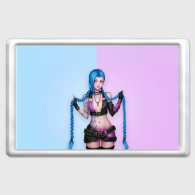 Магнит 45*70 с принтом League of Legends Jinx в городе Новоалтайск, Пластик | Размер: 78*52 мм; Размер печати: 70*45 | Тематика изображения на принте: art | braids | cartridges | character | game | girl | jinx | league of legends | lol | pigtails | tattoo | арт | девушка | джинкс | игра | косички | косы | лига легенд | лол | патроны | персонаж | тату