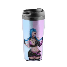 Термокружка-непроливайка с принтом League of Legends Jinx в городе Новоалтайск, внутренняя часть — пищевой пластик, наружная часть — прозрачный пластик, между ними — полиграфическая вставка с рисунком | объем — 350 мл, герметичная крышка | art | braids | cartridges | character | game | girl | jinx | league of legends | lol | pigtails | tattoo | арт | девушка | джинкс | игра | косички | косы | лига легенд | лол | патроны | персонаж | тату