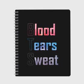 Тетрадь с принтом Blood Tears Sweat в городе Новоалтайск, 100% бумага | 48 листов, плотность листов — 60 г/м2, плотность картонной обложки — 250 г/м2. Листы скреплены сбоку удобной пружинной спиралью. Уголки страниц и обложки скругленные. Цвет линий — светло-серый
 | bangtan | bighit | boy | fake love | j hope | jimin | jin | jungkook | korea | kpop | live | luv | mic drop | rm | suga | v | with | бтс | кей | поп