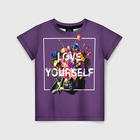 Детская футболка 3D с принтом Love Yourself в городе Новоалтайск, 100% гипоаллергенный полиэфир | прямой крой, круглый вырез горловины, длина до линии бедер, чуть спущенное плечо, ткань немного тянется | bangtan | bighit | boy | fake love | j hope | jimin | jin | jungkook | korea | kpop | live | luv | mic drop | rm | suga | v | with | бтс | кей | поп