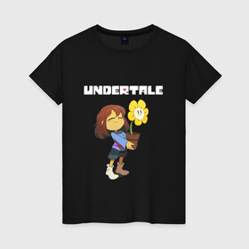 Женская футболка хлопок с принтом UNDERTALE в городе Новоалтайск, 100% хлопок | прямой крой, круглый вырез горловины, длина до линии бедер, слегка спущенное плечо | asriel dreemurr | chara | frisk | gaster blaster | sans | undertale | азриэль дримурр | андертейл | андрайн | гастер | меттатон | санс | фриск | чара