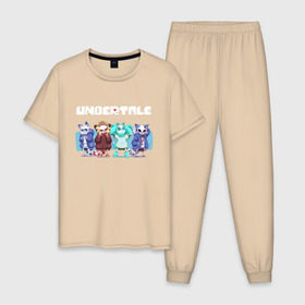Мужская пижама хлопок с принтом UNDERTALE в городе Новоалтайск, 100% хлопок | брюки и футболка прямого кроя, без карманов, на брюках мягкая резинка на поясе и по низу штанин
 | Тематика изображения на принте: asriel dreemurr | chara | frisk | gaster blaster | sans | undertale | азриэль дримурр | андертейл | андрайн | гастер | меттатон | санс | фриск | чара