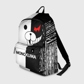 Рюкзак 3D с принтом MONOKUMA. в городе Новоалтайск, 100% полиэстер | лямки с регулируемой длиной, сверху петелька, чтобы рюкзак можно было повесить на вешалку. Основное отделение закрывается на молнию, как и внешний карман. Внутри два дополнительных кармана, один из которых закрывается на молнию. По бокам два дополнительных кармашка | anime | bear | black  white | danganronpa | kurokuma | monodam | monokuma | monomi | monotaro | pink | rabbit | school | shirokuma | аниме | главарь | мoноми | монокума | черно белый | школа