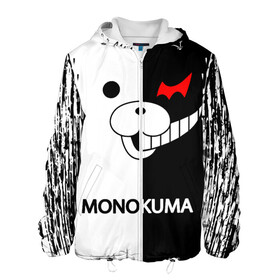 Мужская куртка 3D с принтом MONOKUMA. в городе Новоалтайск, ткань верха — 100% полиэстер, подклад — флис | прямой крой, подол и капюшон оформлены резинкой с фиксаторами, два кармана без застежек по бокам, один большой потайной карман на груди. Карман на груди застегивается на липучку | anime | bear | black  white | danganronpa | kurokuma | monodam | monokuma | monomi | monotaro | pink | rabbit | school | shirokuma | аниме | главарь | мoноми | монокума | черно белый | школа