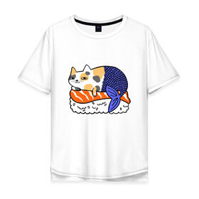 Мужская футболка хлопок Oversize с принтом Sushi Cat в городе Новоалтайск, 100% хлопок | свободный крой, круглый ворот, “спинка” длиннее передней части | animal | cat | cute | kitty | meow | друг | животные | киска | китти | кот | котенок | котик | кошечка | кошка | лев | леопард | милый | мур | мяу | пантера | питомец | рысь | тигр | улыбка