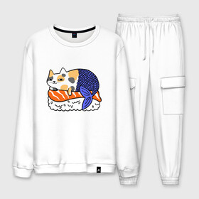 Мужской костюм хлопок с принтом Sushi Cat в городе Новоалтайск, 100% хлопок | на свитшоте круглая горловина, мягкая резинка по низу. Брюки заужены к низу, на них два вида карманов: два “обычных” по бокам и два объемных, с клапанами, расположенные ниже линии бедра. Брюки с мягкой трикотажной резинкой на поясе и по низу штанин. В поясе для дополнительного комфорта — широкие завязки | animal | cat | cute | kitty | meow | друг | животные | киска | китти | кот | котенок | котик | кошечка | кошка | лев | леопард | милый | мур | мяу | пантера | питомец | рысь | тигр | улыбка
