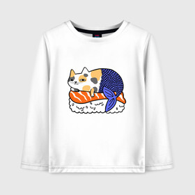 Детский лонгслив хлопок с принтом Sushi Cat в городе Новоалтайск, 100% хлопок | круглый вырез горловины, полуприлегающий силуэт, длина до линии бедер | animal | cat | cute | kitty | meow | друг | животные | киска | китти | кот | котенок | котик | кошечка | кошка | лев | леопард | милый | мур | мяу | пантера | питомец | рысь | тигр | улыбка