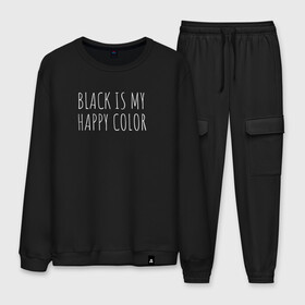 Мужской костюм хлопок с принтом BLACK IS MY HAPPY COLOR в городе Новоалтайск, 100% хлопок | на свитшоте круглая горловина, мягкая резинка по низу. Брюки заужены к низу, на них два вида карманов: два “обычных” по бокам и два объемных, с клапанами, расположенные ниже линии бедра. Брюки с мягкой трикотажной резинкой на поясе и по низу штанин. В поясе для дополнительного комфорта — широкие завязки | black | black is my happy color | надпись | стиль