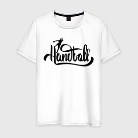 Мужская футболка хлопок с принтом Handball lettering в городе Новоалтайск, 100% хлопок | прямой крой, круглый вырез горловины, длина до линии бедер, слегка спущенное плечо. | Тематика изображения на принте: hand ball | handball | play | игра | игра в ганбол | игра с мячом | мяч | руки | футбол