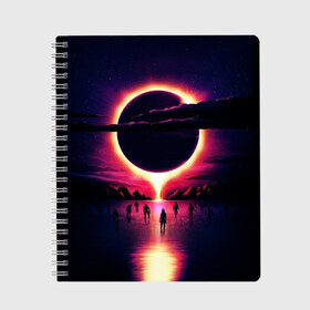 Тетрадь с принтом Retrowave bleeding sun в городе Новоалтайск, 100% бумага | 48 листов, плотность листов — 60 г/м2, плотность картонной обложки — 250 г/м2. Листы скреплены сбоку удобной пружинной спиралью. Уголки страниц и обложки скругленные. Цвет линий — светло-серый
 | cosmos | dark all day | gunship | retro wave | retrowave | stars