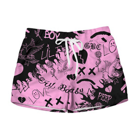 Женские шорты 3D с принтом LIL PEEP PINK TATTOO  ЛИЛ ПИП ПАТТЕРН РОЗОВЫЙ  ТАТУ в городе Новоалтайск, 100% полиэстер | прямой крой, два кармана без застежек по бокам. Мягкая трикотажная резинка на поясе, внутри которой широкие завязки. Длина до середины бедра | lil peep | lil prince | pink | зарубежная музыка | лил пип | маленький принц