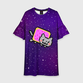 Детское платье 3D с принтом Nyan Cat в городе Новоалтайск, 100% полиэстер | прямой силуэт, чуть расширенный к низу. Круглая горловина, на рукавах — воланы | cat | meme | nyan cat | space | youtube | животное | звезды | интернет | космос | кошка | мем | прикол | радуга | юмор | ютуб