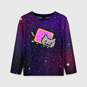 Детский лонгслив 3D с принтом Nyan Cat в городе Новоалтайск, 100% полиэстер | длинные рукава, круглый вырез горловины, полуприлегающий силуэт
 | cat | meme | nyan cat | space | youtube | животное | звезды | интернет | космос | кошка | мем | прикол | радуга | юмор | ютуб