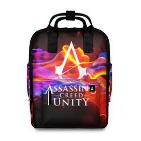 Женский рюкзак 3D с принтом ASSASSIN`S CREED UNITY в городе Новоалтайск, 100% полиэстер | лямки с регулируемой длиной, сверху ручки, чтобы рюкзак нести как сумку. Основное отделение закрывается на молнию, как и внешний карман. Внутри два дополнительных кармана, один из которых закрывается на молнию. По бокам два дополнительных кармашка, куда поместится маленькая бутылочка
 | Тематика изображения на принте: black flag | brotherhood | chronicles | creed | game | origins | revelations | rogue | syndicate | unity | альтаир | ассасин | игры | кинжал | пираты