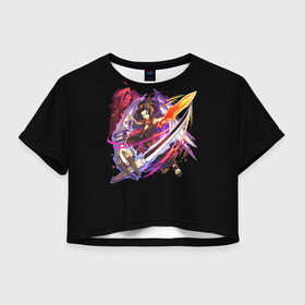 Женская футболка Crop-top 3D с принтом Shaman king в городе Новоалтайск, 100% полиэстер | круглая горловина, длина футболки до линии талии, рукава с отворотами | anime | shaman king | амедамару | амидамару | аниме | анимэ | асакура | асокура | боец | в мерч | взмах | воин | длинные волосы | ё | защитник | йё | йо | король всех шаманов | кун | мальчик | мерч | мечом | ониме