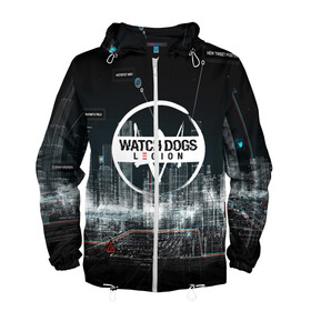 Мужская ветровка 3D с принтом WATCH DOGS:LEGION в городе Новоалтайск, 100% полиэстер | подол и капюшон оформлены резинкой с фиксаторами, два кармана без застежек по бокам, один потайной карман на груди | ded sec | game | name | ubisoft | watch dogs | watch dogs 2 | watch dogs legion | город | девушка | дрон | игры | имена | компьютеры | пистолет | телефон | технологии | хакер | юби