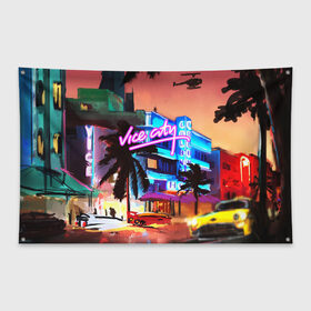 Флаг-баннер с принтом GTA VICE CITY в городе Новоалтайск, 100% полиэстер | размер 67 х 109 см, плотность ткани — 95 г/м2; по краям флага есть четыре люверса для крепления | grand theft auto 2 | grand theft auto 3 | grand theft auto v | grand theft auto: san andreas | grand theft auto: vice city | gta 5 | gta online | gta v | город | игры