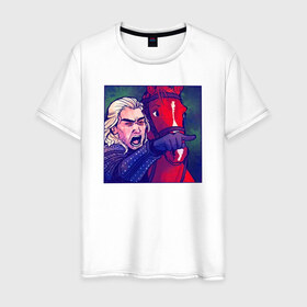 Мужская футболка хлопок с принтом Witcher yelling at Ведьмак mem в городе Новоалтайск, 100% хлопок | прямой крой, круглый вырез горловины, длина до линии бедер, слегка спущенное плечо. | art | geralt | neflix | serial | serials | witcher | арт | ведьмак | геральт | парные | сериал | сериалы | текстура | цирилла