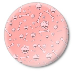 Значок с принтом Cute bones в городе Новоалтайск,  металл | круглая форма, металлическая застежка в виде булавки | bone | pink | pink skull | skeleton | skull | кости | розовый | череп