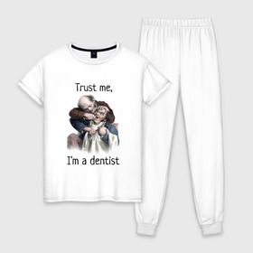 Женская пижама хлопок с принтом Trust me, Im a dentist в городе Новоалтайск, 100% хлопок | брюки и футболка прямого кроя, без карманов, на брюках мягкая резинка на поясе и по низу штанин | trust me | бутылка | верь мне | винтаж | дантист | день зубного врача | день стоматолога | зуб | зубная фея | зубной врач | зубному | зубному врачу | кепка | кружка | лечение зу | ортодонту | пародонтологу