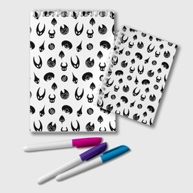 Блокнот с принтом Hollow Knight в городе Новоалтайск, 100% бумага | 48 листов, плотность листов — 60 г/м2, плотность картонной обложки — 250 г/м2. Листы скреплены удобной пружинной спиралью. Цвет линий — светло-серый
 | Тематика изображения на принте: grimm | hallounest | heart of nightmare | hollow knight | hornet | knight | quirrell | silksong | гримм | квиррел | рыцарь | халлоунест | холлоу найт | хорнет
