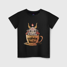 Детская футболка хлопок с принтом Magic Coffee в городе Новоалтайск, 100% хлопок | круглый вырез горловины, полуприлегающий силуэт, длина до линии бедер | coffee | evil | magic | prints | зло | картинки | кофе | магия | майки | мем | мода | прикол | принты | стиль | тренд | футболки | яркие | яркость