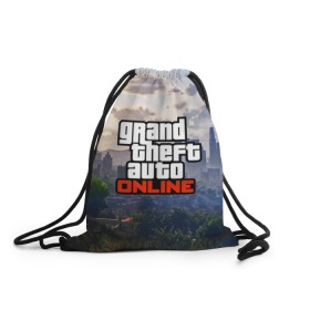 Рюкзак-мешок 3D с принтом GTA ONLINE в городе Новоалтайск, 100% полиэстер | плотность ткани — 200 г/м2, размер — 35 х 45 см; лямки — толстые шнурки, застежка на шнуровке, без карманов и подкладки | Тематика изображения на принте: grand theft auto 2 | grand theft auto 3 | grand theft auto v | grand theft auto: san andreas | grand theft auto: vice city | gta 1 | gta 2 | gta 3 | gta 4 | gta 5 | gta online | gta v | город | игры
