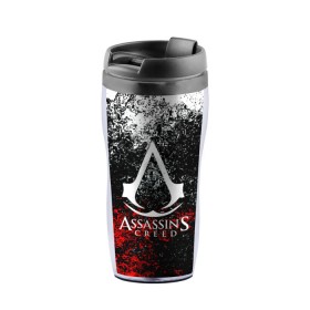 Термокружка-непроливайка с принтом ASSASSIN`S CREED в городе Новоалтайск, внутренняя часть — пищевой пластик, наружная часть — прозрачный пластик, между ними — полиграфическая вставка с рисунком | объем — 350 мл, герметичная крышка | black flag | brotherhood | chronicles | creed | game | origins | revelations | rogue | syndicate | unity | альтаир | ассасин | игры | кинжал | пираты