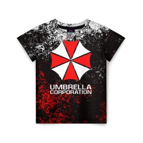 Детская футболка 3D с принтом UMBRELLA CORP в городе Новоалтайск, 100% гипоаллергенный полиэфир | прямой крой, круглый вырез горловины, длина до линии бедер, чуть спущенное плечо, ткань немного тянется | ada wong | biohazard | leon | nemesis | project resistance | raccoon city | re2 | resident evil 2 | rpd | stars | umbrella | ада вонг | амбрелла | немесис | ужасы