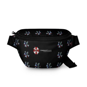 Поясная сумка 3D с принтом Umbrella Corporation в городе Новоалтайск, 100% полиэстер | плотная ткань, ремень с регулируемой длиной, внутри несколько карманов для мелочей, основное отделение и карман с обратной стороны сумки застегиваются на молнию | апокалипсис | зла | зомби | обитель | твирус
