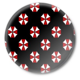 Значок с принтом Umbrella Corporation в городе Новоалтайск,  металл | круглая форма, металлическая застежка в виде булавки | Тематика изображения на принте: апокалипсис | зла | зомби | обитель | твирус