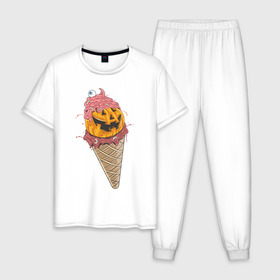 Мужская пижама хлопок с принтом Pumpkin IceCream в городе Новоалтайск, 100% хлопок | брюки и футболка прямого кроя, без карманов, на брюках мягкая резинка на поясе и по низу штанин
 | helloween | ice cream | icecream | pumpkin | глаз | глазурь | еда | крем | мороженое | рожок | тыква | улыбка