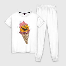Женская пижама хлопок с принтом Pumpkin IceCream в городе Новоалтайск, 100% хлопок | брюки и футболка прямого кроя, без карманов, на брюках мягкая резинка на поясе и по низу штанин | helloween | ice cream | icecream | pumpkin | глаз | глазурь | еда | крем | мороженое | рожок | тыква | улыбка