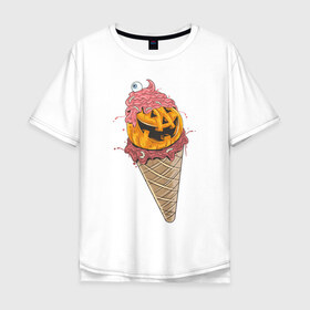 Мужская футболка хлопок Oversize с принтом Pumpkin IceCream в городе Новоалтайск, 100% хлопок | свободный крой, круглый ворот, “спинка” длиннее передней части | helloween | ice cream | icecream | pumpkin | глаз | глазурь | еда | крем | мороженое | рожок | тыква | улыбка