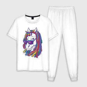 Мужская пижама хлопок с принтом Rasta Unicorn в городе Новоалтайск, 100% хлопок | брюки и футболка прямого кроя, без карманов, на брюках мягкая резинка на поясе и по низу штанин
 | bob | bobmarley | dreadlocks | horse | rasta | unicorn | боб марли | дредлок | дредлоки | дреды | единорог | лошадь | раста | растаман | цвет