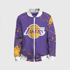 Детский бомбер 3D с принтом LA LAKERS в городе Новоалтайск, 100% полиэстер | застегивается на молнию, по бокам два кармана без застежек, мягкие манжеты, по низу бомбера и на воротнике — эластичная резинка | Тематика изображения на принте: america | basketball | kobe bryant | la | la lakers | lakers | los angeles lakers | nba | usa | баскетбол | кобе брайант | лос анджелес лейкерс | нба | сша