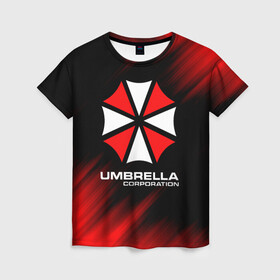 Женская футболка 3D с принтом Umbrella Corporation в городе Новоалтайск, 100% полиэфир ( синтетическое хлопкоподобное полотно) | прямой крой, круглый вырез горловины, длина до линии бедер | corp | corporation | resident evil | umbrella | umbrella corporation | зомби апокалипсис | зонт | игра