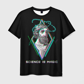 Мужская футболка 3D с принтом Magic is science - Пифагор в городе Новоалтайск, 100% полиэфир | прямой крой, круглый вырез горловины, длина до линии бедер | Тематика изображения на принте: magic | science | астрономия | геометрия | картинки | математика | мем | наука | пифагор | приколы | треугольник | физика | школа | школьник