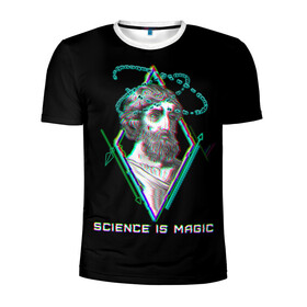 Мужская футболка 3D спортивная с принтом Magic is science - Пифагор в городе Новоалтайск, 100% полиэстер с улучшенными характеристиками | приталенный силуэт, круглая горловина, широкие плечи, сужается к линии бедра | Тематика изображения на принте: magic | science | астрономия | геометрия | картинки | математика | мем | наука | пифагор | приколы | треугольник | физика | школа | школьник