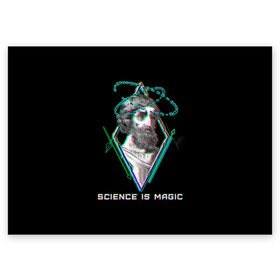 Поздравительная открытка с принтом Magic is science - Пифагор в городе Новоалтайск, 100% бумага | плотность бумаги 280 г/м2, матовая, на обратной стороне линовка и место для марки
 | magic | science | астрономия | геометрия | картинки | математика | мем | наука | пифагор | приколы | треугольник | физика | школа | школьник
