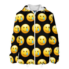 Мужская куртка 3D с принтом New Emoji в городе Новоалтайск, ткань верха — 100% полиэстер, подклад — флис | прямой крой, подол и капюшон оформлены резинкой с фиксаторами, два кармана без застежек по бокам, один большой потайной карман на груди. Карман на груди застегивается на липучку | crying | emoji | smile | smiling face with tear | tear | плачущий | слеза | смайлик | улыбка | эмодзи